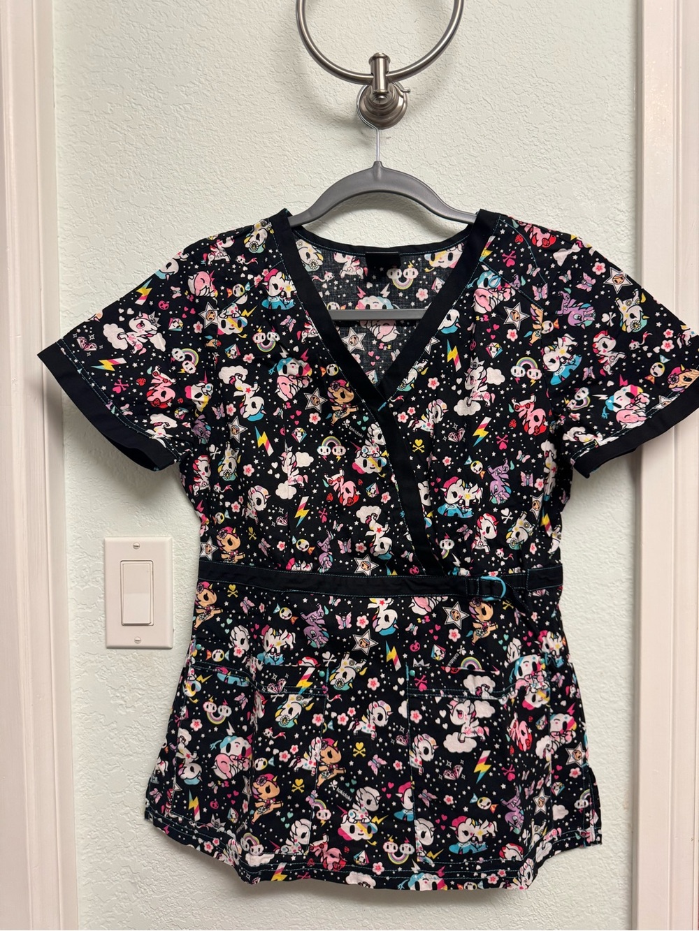tokidoki Black Multicolor Printed Wrap-Front Scrub Top